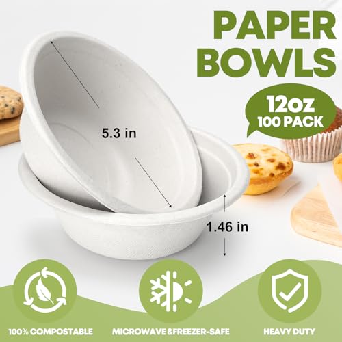 W&Y 12 oz Compostable Paper Bowls - 100 Count, Heavy-Duty & Microwave-Safe
