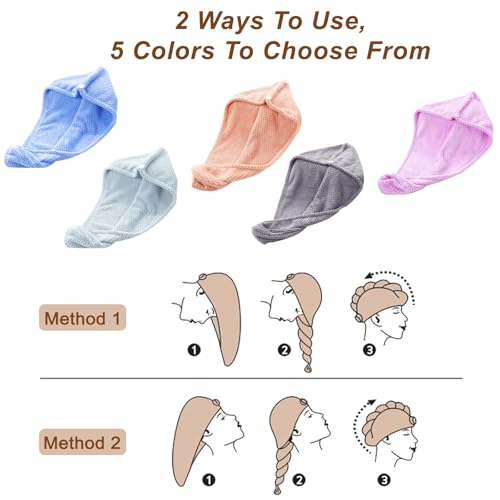 5 Pack Microfiber Hair Drying Towels - Quick Dry & Anti-Frizz