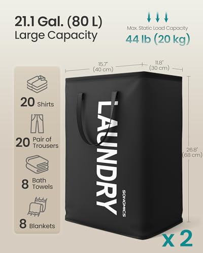SONGMICS 80L Foldable Laundry Hamper - Water-Repellent Storage Basket, 2 Pack, Ink Black