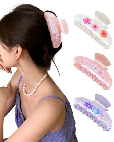 WELROG Floral Print Acrylic Hair Claw Clips - 3 Pack (Pink, Off-White, Purple) | 3.78" Stylish Hair Accessories for Thick Hair