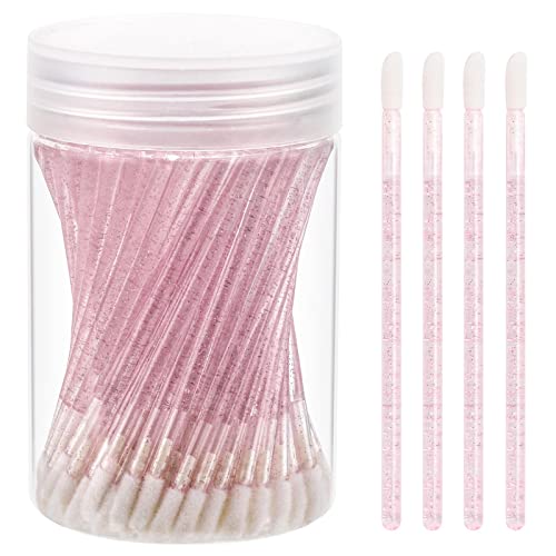 100 Pcs Disposable Lip Brushes with Container - Crystal Pink Applicators