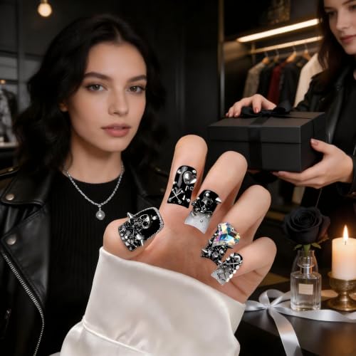 BAXTDNE Duckbill Short Halloween Fake Nails - Punk Spike Cross Metal Rhinestone, Reusable Press-On Nails (Size M, 10Pcs) - Variation 9