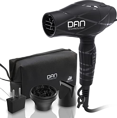 DAN Technology Mini Portable Hair Dryer - Lightweight Blow Dryer with Concentrator & Diffuser, Black