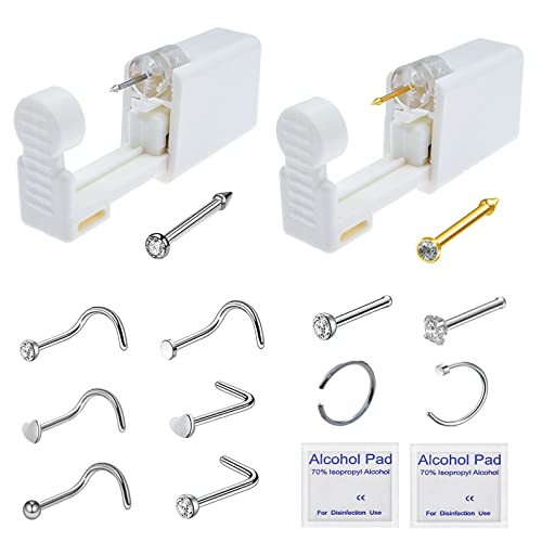 Nose Piercing Kit - 2 Pack Self-Piercing Guns with 10 Nose Rings