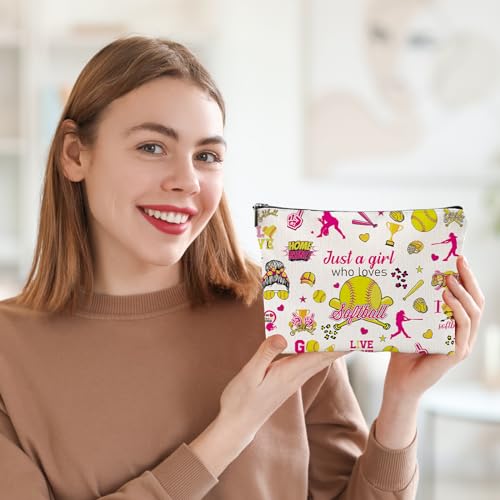 Sitsink Softball Makeup Bag - Girl Who Loves Softball Sports Gift, Waterproof Canvas Zipper Pouch
