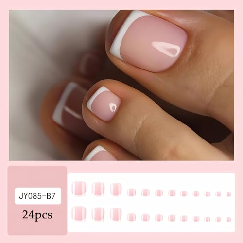 Pink French Tip Press-On Toenails - 24 Pcs Short Square Set
