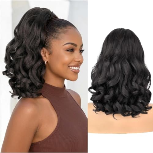18 Inch Yaki Straight Drawstring Ponytail with Curly Ends - Brown Black