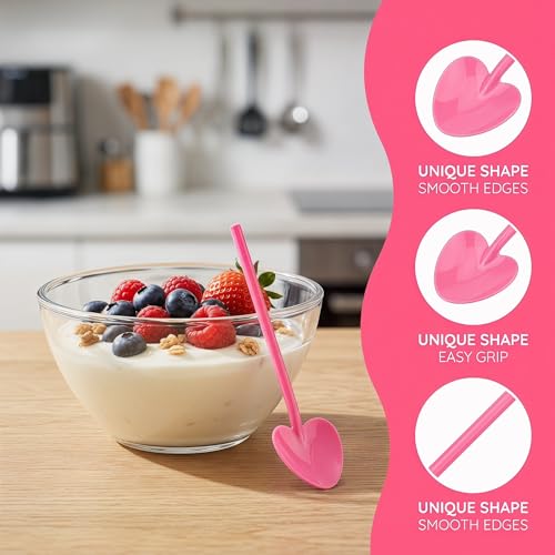 KALLORY 100PCS Heart-Shaped Pink Disposable Dessert Spoons