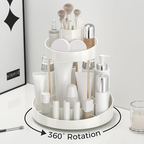 White 2-Tier Rotating Makeup Organizer for Vanity & Bathroom Storage