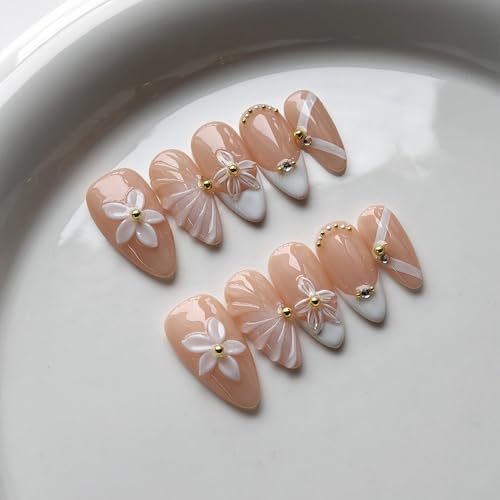 BRKYKGK Style14 French Tip Press-On Nails Medium Almond White with Flower Pearls Gold Accents 10Pcs