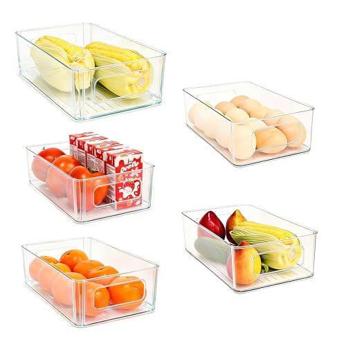 5 Pack Stackable Refrigerator Organizer Bins with Handles - Clear Plastic Storage Containers