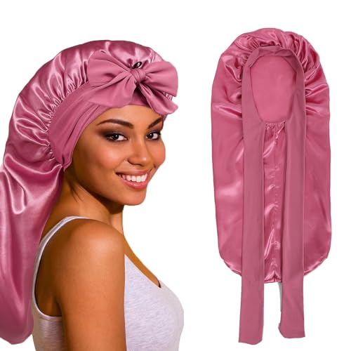 Akiweili Long Satin Bonnet for Sleeping - Soft Hair Cap (Pink)