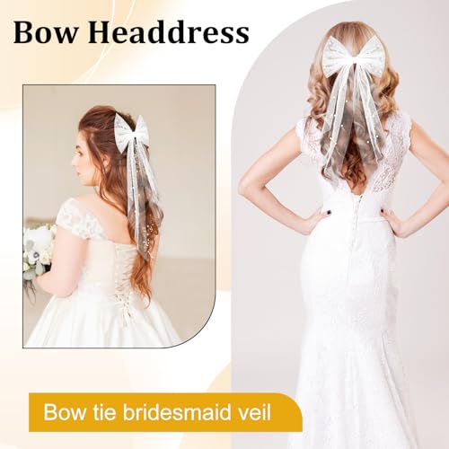 White Hair Bow Veil with Large Pearl Hair Pins for Brides