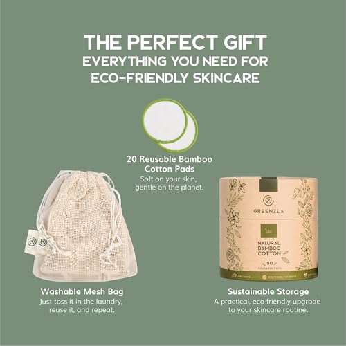 GREENZLA Reusable Makeup Remover Pads - 20 Bamboo Cotton Rounds
