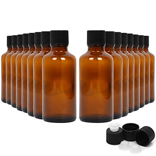 2 Ounce Amber Glass Bottles with Black Lids - 16 Pack for Essential Oils & More