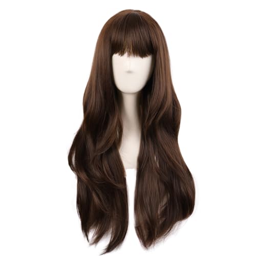MapofBeauty 28 Inch Long Wavy Brown Wig with Flat Bangs for Cosplay