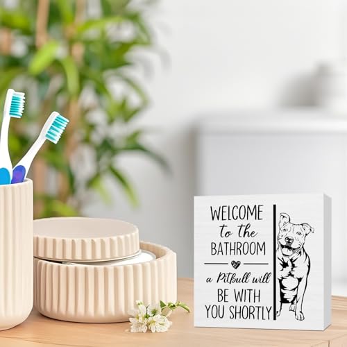 Funny Pit Bull Terrier Wooden Box Sign - 5x5 Inch Bathroom Decor