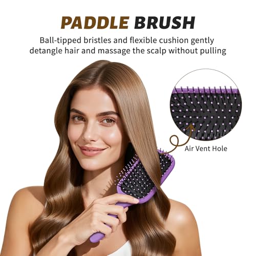BALON 4-Piece Detangling Hair Brush Set - Purple Paddle Brush for All Hair Types