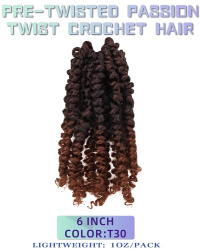 Hahoness 6 Inch Passion Twist Crochet Hair Pack of 8 T1B/30 Ombre Brown Synthetic Braided Extensions