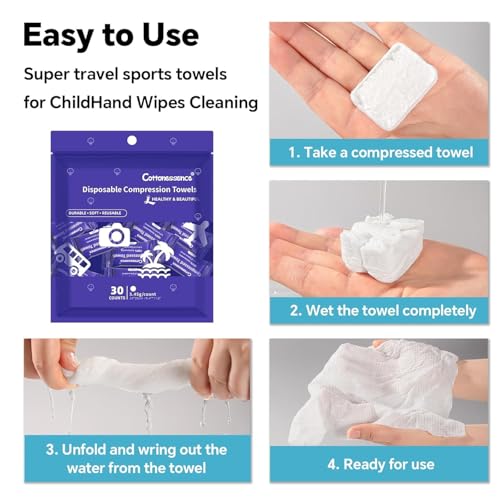 Cottonessence 30 Pack Premium Compressed Cotton Towels Travel Wipes, Individually Wrapped, 9.4 x 11.8 inches