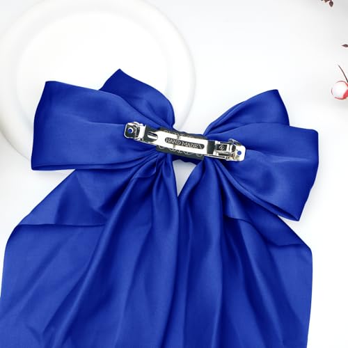 Sapphire Blue Silky Satin Large Hair Bow Clips for Women