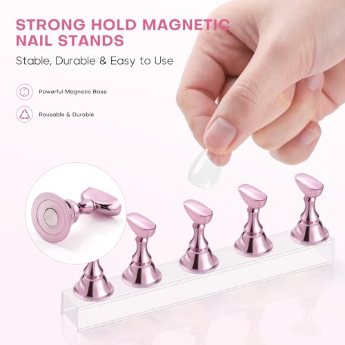 Short Almond Fake Nail Tips & Nail Stand Kit for Nail Art Practice