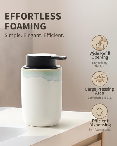 BosilunLife White Ceramic Foam Soap Dispenser with Blue-Green Rim - 1 Pack