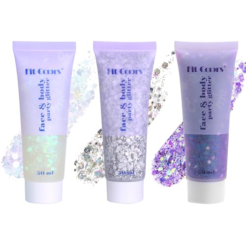 KIMIEYE White Silver Purple Body Glitter Gel Set for Raves & Festivals 1.7oz