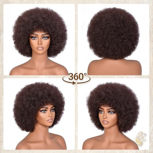 YWAYS HAIR Brown Afro Wig with Bangs for Black Women 70s Curly Short Synthetic Cosplay