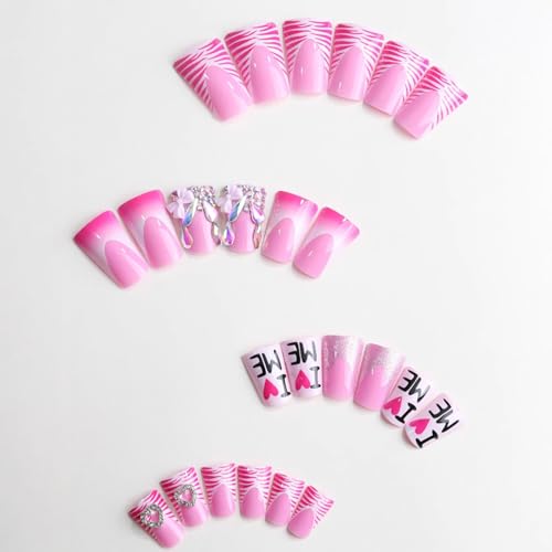 Press On Nails Duck Shaped Full Cover Acrylic Fake Nails with Charms & Designs - Medium, Glittery, for Women & Girls, Variation: Heart Bow Rhinestone & Letter