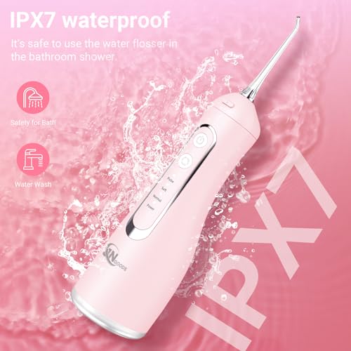 JNGOODS Cordless Water Flosser Oral Irrigator 300ml Pink, Rechargeable, 4 Modes Waterproof