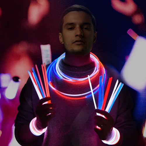 JOYIN 100 Pcs 4th of July Glow Sticks & Connectors - Red, White, Blue
