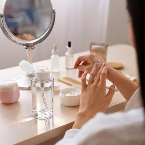 PANA 10oz Clear Push Down Pump Dispenser Bottle for Cosmetics & Nail Polish - with Flip Top Cap