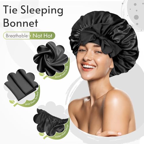 BONNET QUEEN Silk Bonnet for Sleeping Women, Satin Hair Bonnet with Adjustable Tie Band, Double Layer Sleep Cap That Stays On Overnight for Curly Hair, Braids, Wigs and Natural Hair, Large Black