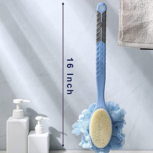 HONOMA 16in Shower Back Scrubber Brush with Nylon Bristles & Mesh Loofah - Curved Non-Slip Handle