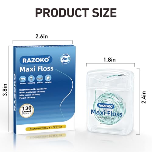 RAZOKO 2-in-1 Waxed Threader Dental Floss for Braces, 65 Count (Pack of 2) Unflavored