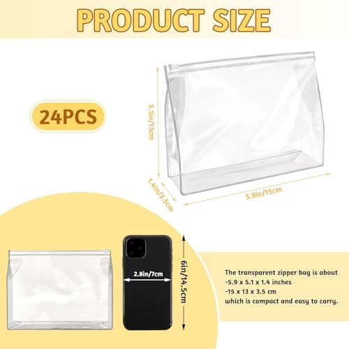 24 Pcs Clear Makeup Bags 5.9 x 5.1 x 1.4 inches PVC Organizer Travel Storage