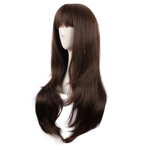 MapofBeauty 28 Inch Long Wavy Brown Wig with Flat Bangs for Cosplay