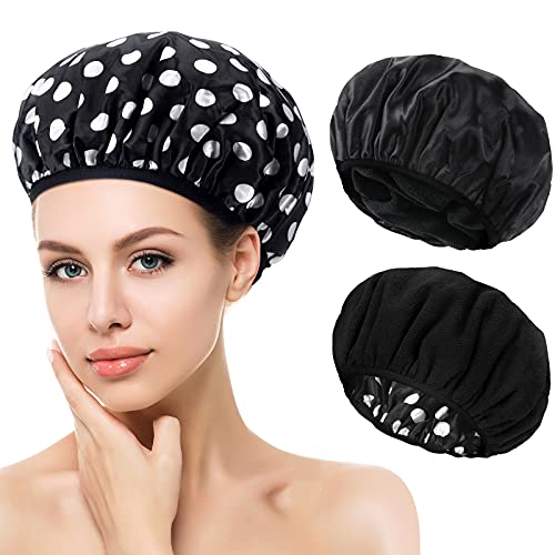 Geyoga Cute Pattern 2-Pack Waterproof Shower Caps for Long Hair, Terry Lined, Breathable & Reusable