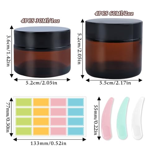 8-Pack Amber Glass Cosmetic Jars, 1oz & 2oz Leak-Proof Travel Containers
