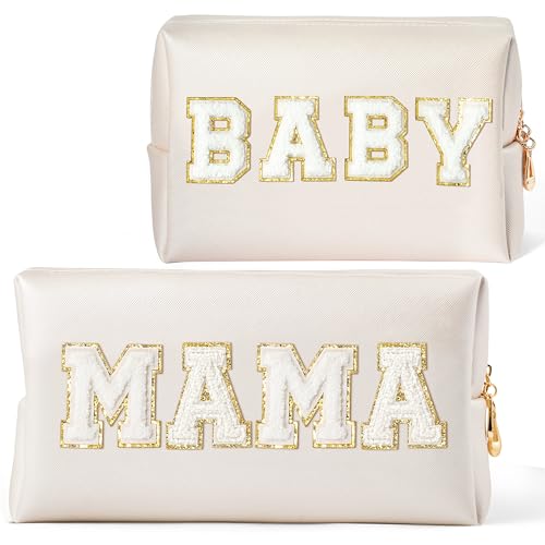 Mama and Baby Chenille Patch Cosmetic Bag Set - Waterproof Travel Pouch