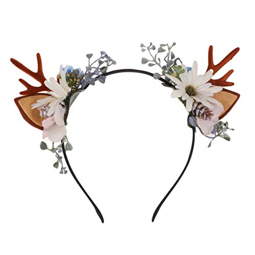 Lurrose Christmas Deer Antler Headband with Floral Pine Cone Decor