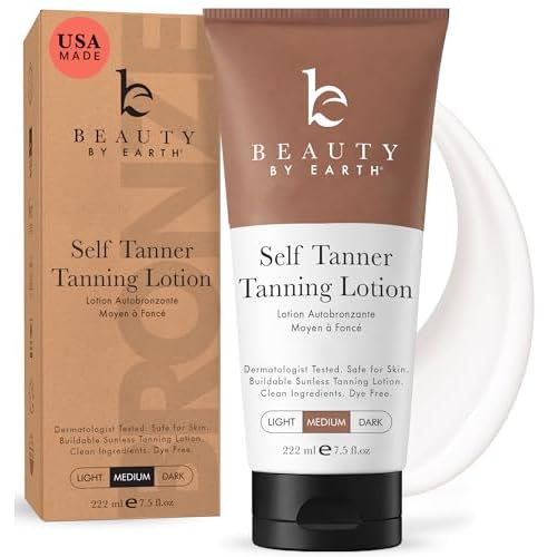 Beauty by Earth Self Tanner - USA Made with Natural & Organic Ingredients, Moisturizing Self Tanning Lotion with Aloe Vera & Coconut for a Natural Glow, Streak-Free Fake Tan (Medium)