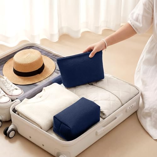 Navy Blue Waffle Makeup Bag Set - 2 Pcs Cosmetic Pouch