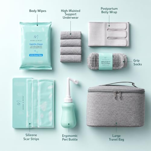 Mama & Wish¢ç C-Section Recovery Kit ? Postpartum Essentials C Section 12-Pc: Belly Binder, Silicone Scar Patches, Peri Bottle, Disposable Underwear, Wipes, Grip Socks & Toiletry Bag