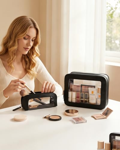 LETGO Clear Makeup Bag Set, Waterproof Travel Toiletry Pouch - Dual Black