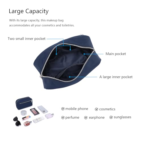 YONBEN Nylon Cosmetic Bag - Large Capacity Toiletry Organizer in Navy Blue