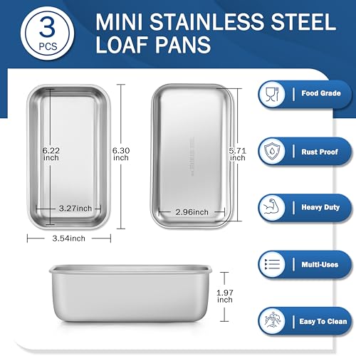 TeamFar Mini Loaf Pan Set - 3 Stainless Steel Baking Pans, 6.3 x 3.5 Inch, Dishwasher Safe