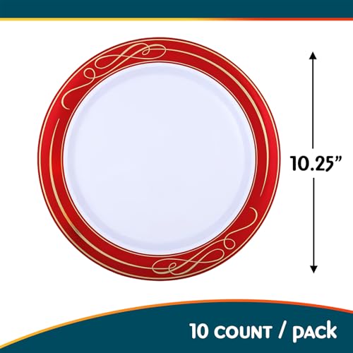 10 Pack of 10.25" White Plastic Dinner Plates with Red Rim - Perfect for Parties & Special Occasions