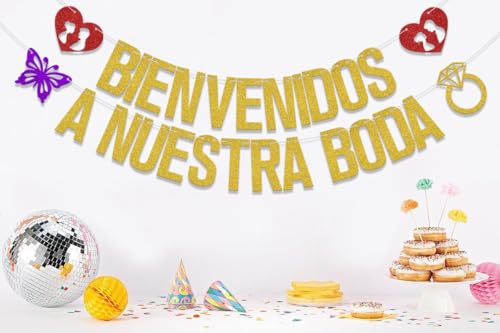 Gold Glitter Spanish Wedding Banner - Bienvenidos A Nuestra Boda Decoration